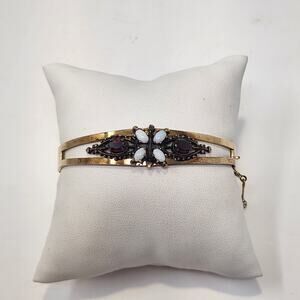 Victorian Revival Sterling Vermeil Hinge Bracelet Garnet Opal Floral Signed CH